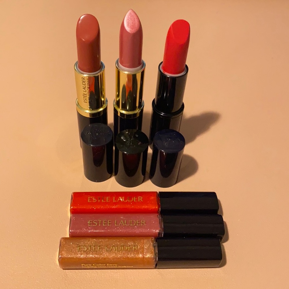 Estée Lauder 2 full size lipsticks and 3 mini gloss. Lancôme full size lipstick